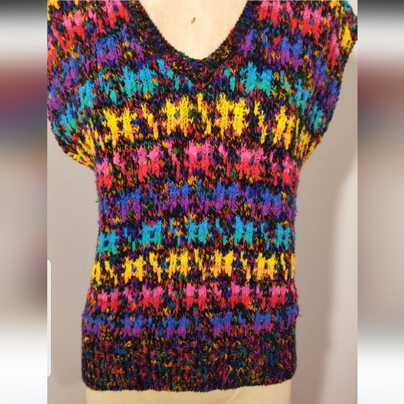 VINTAGE RAINBOW KNIT SWEATER VEST 80S RETRO PETITE FALL WINTER PREPPY SLEEVELESS - Picture 6 of 8